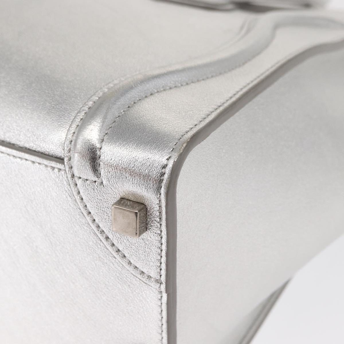 CELINE Luggage Micro Shopper Hand Bag Leather Silver Auth gh1672