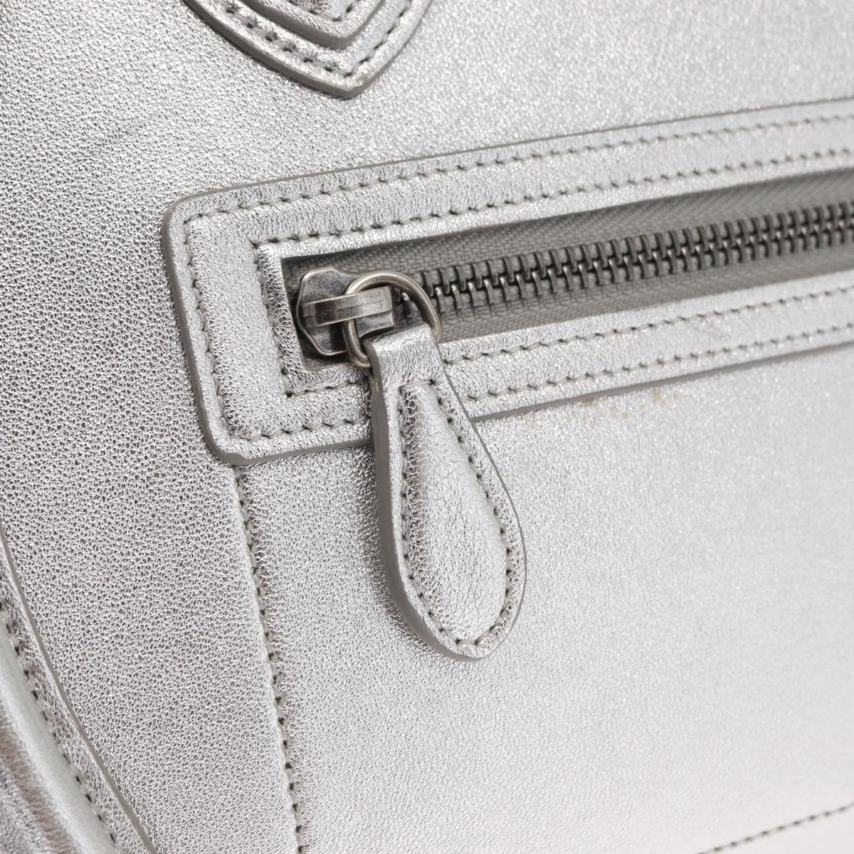 CELINE Luggage Micro Shopper Hand Bag Leather Silver Auth gh1672
