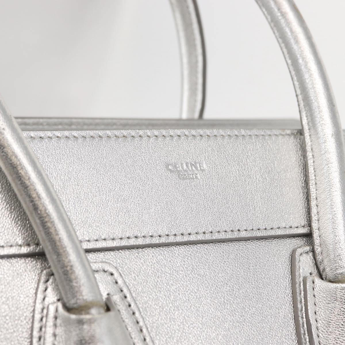 CELINE Luggage Micro Shopper Hand Bag Leather Silver Auth gh1672