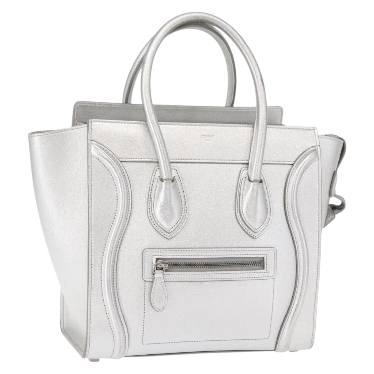 CELINE Luggage Micro Shopper Hand Bag Leather Silver Auth gh1672