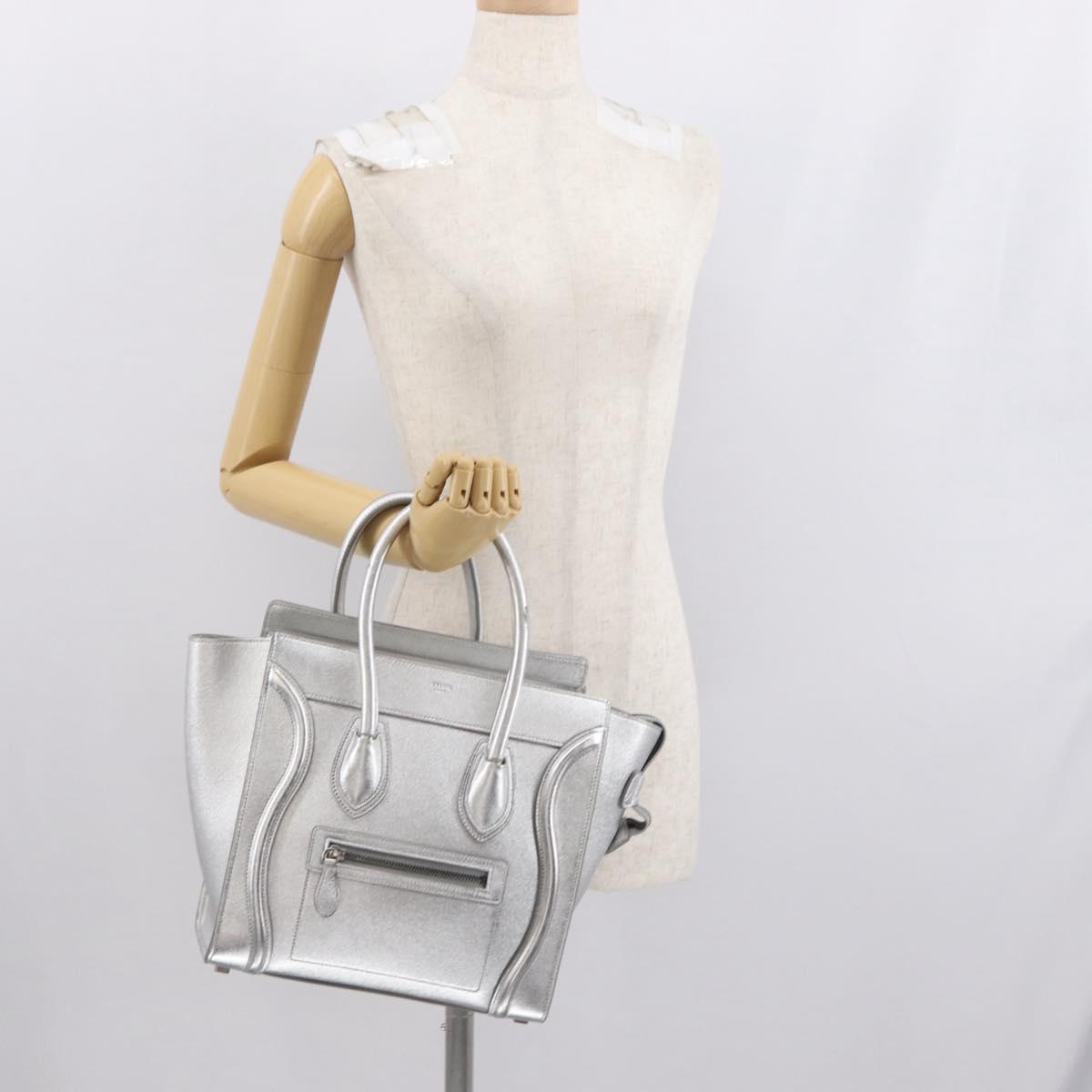 CELINE Luggage Micro Shopper Hand Bag Leather Silver Auth gh1672