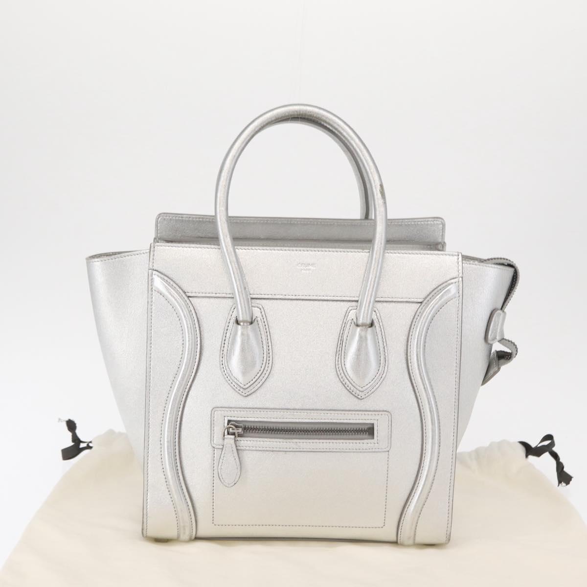 CELINE Luggage Micro Shopper Hand Bag Leather Silver Auth gh1672
