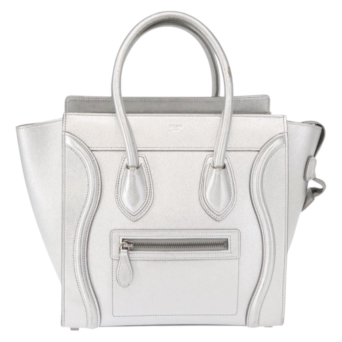 CELINE Luggage Micro Shopper Hand Bag Leather Silver Auth gh1672