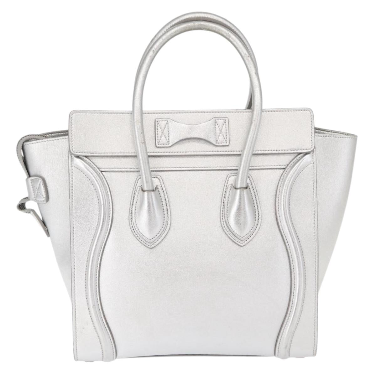 CELINE Luggage Micro Shopper Hand Bag Leather Silver Auth gh1672