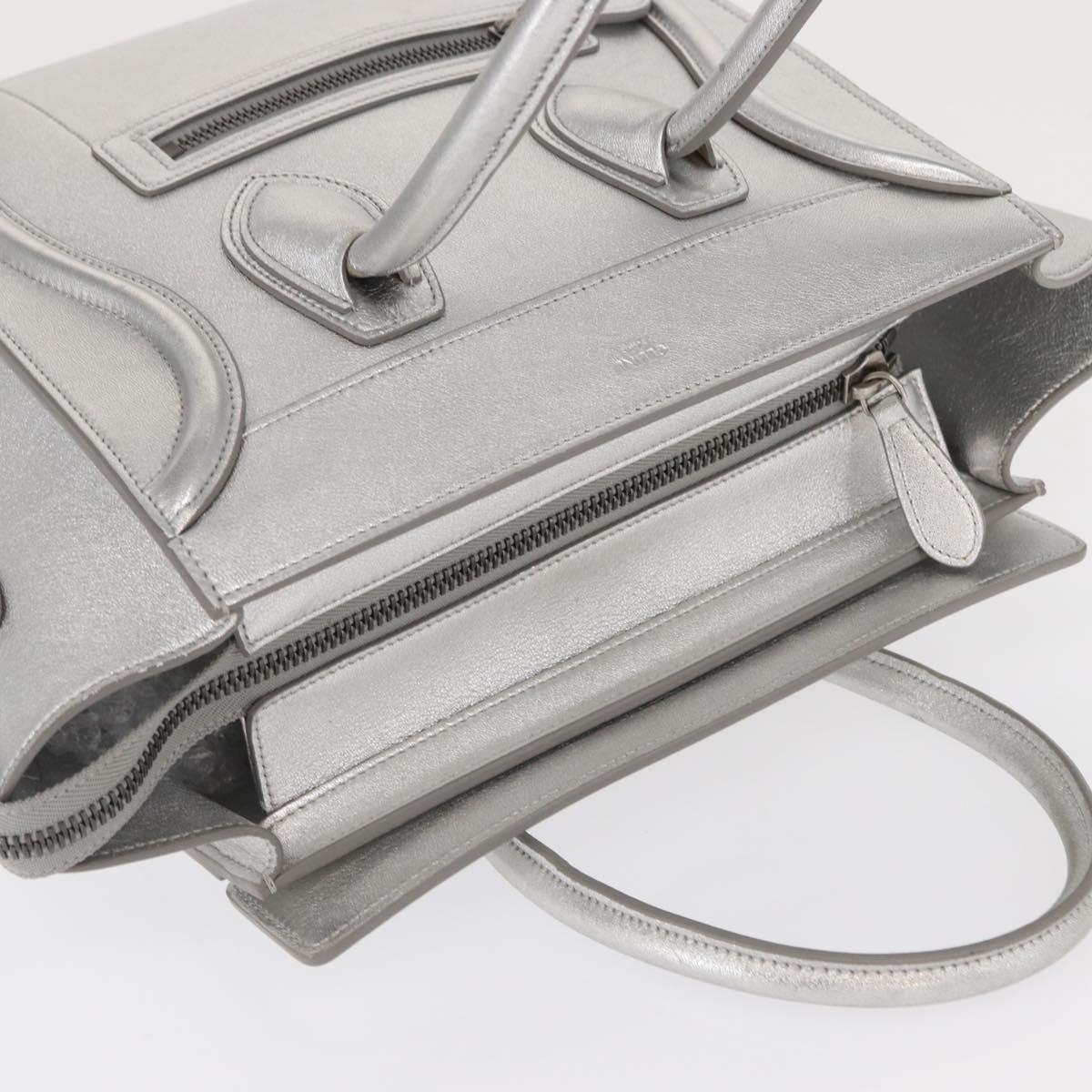 CELINE Luggage Micro Shopper Hand Bag Leather Silver Auth gh1672