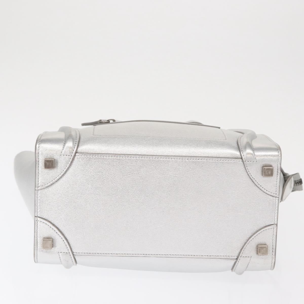 CELINE Luggage Micro Shopper Hand Bag Leather Silver Auth gh1672