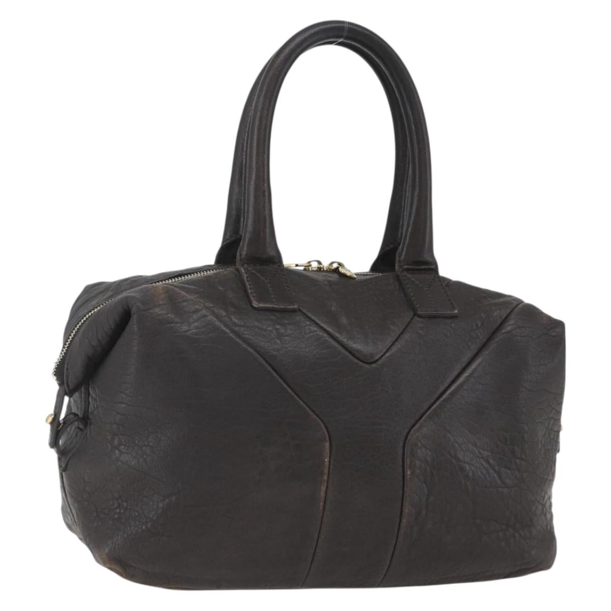 SAINT LAURENT Easy Boston Bag Leather Dark Brown Gold Auth gh1693