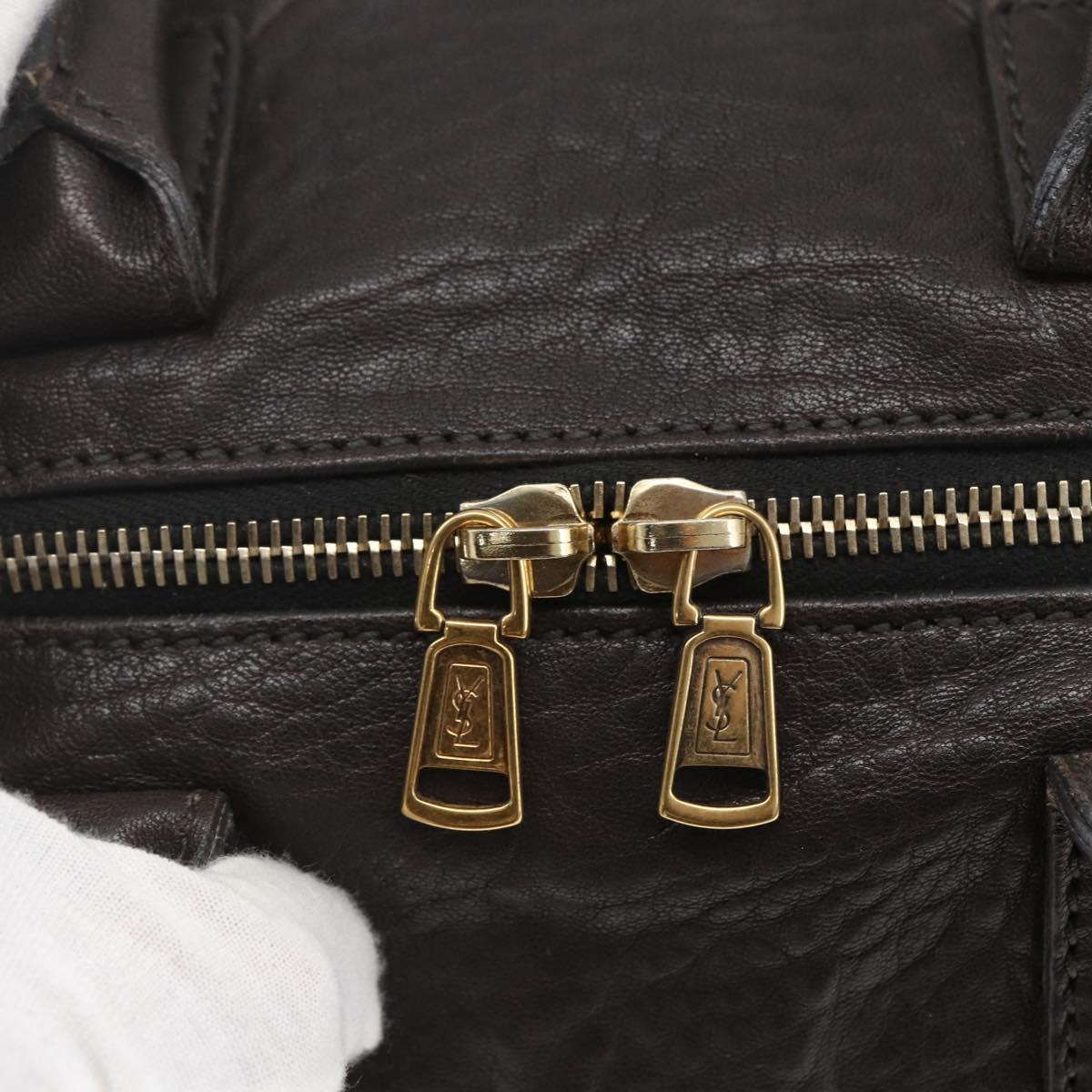 SAINT LAURENT Easy Boston Bag Leather Dark Brown Gold Auth gh1693
