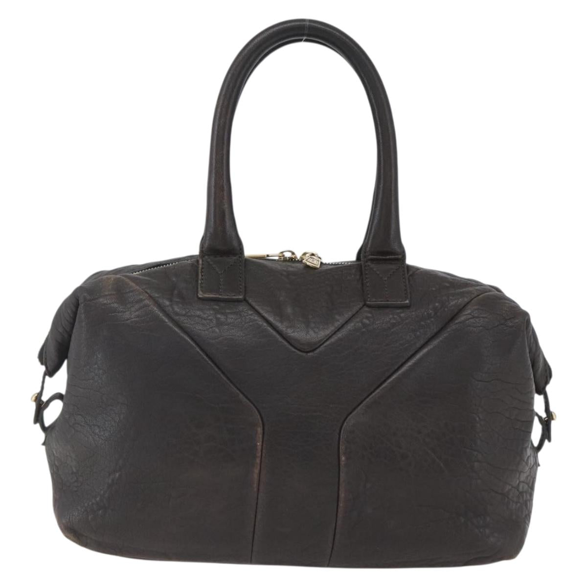 SAINT LAURENT Easy Boston Bag Leather Dark Brown Gold Auth gh1693