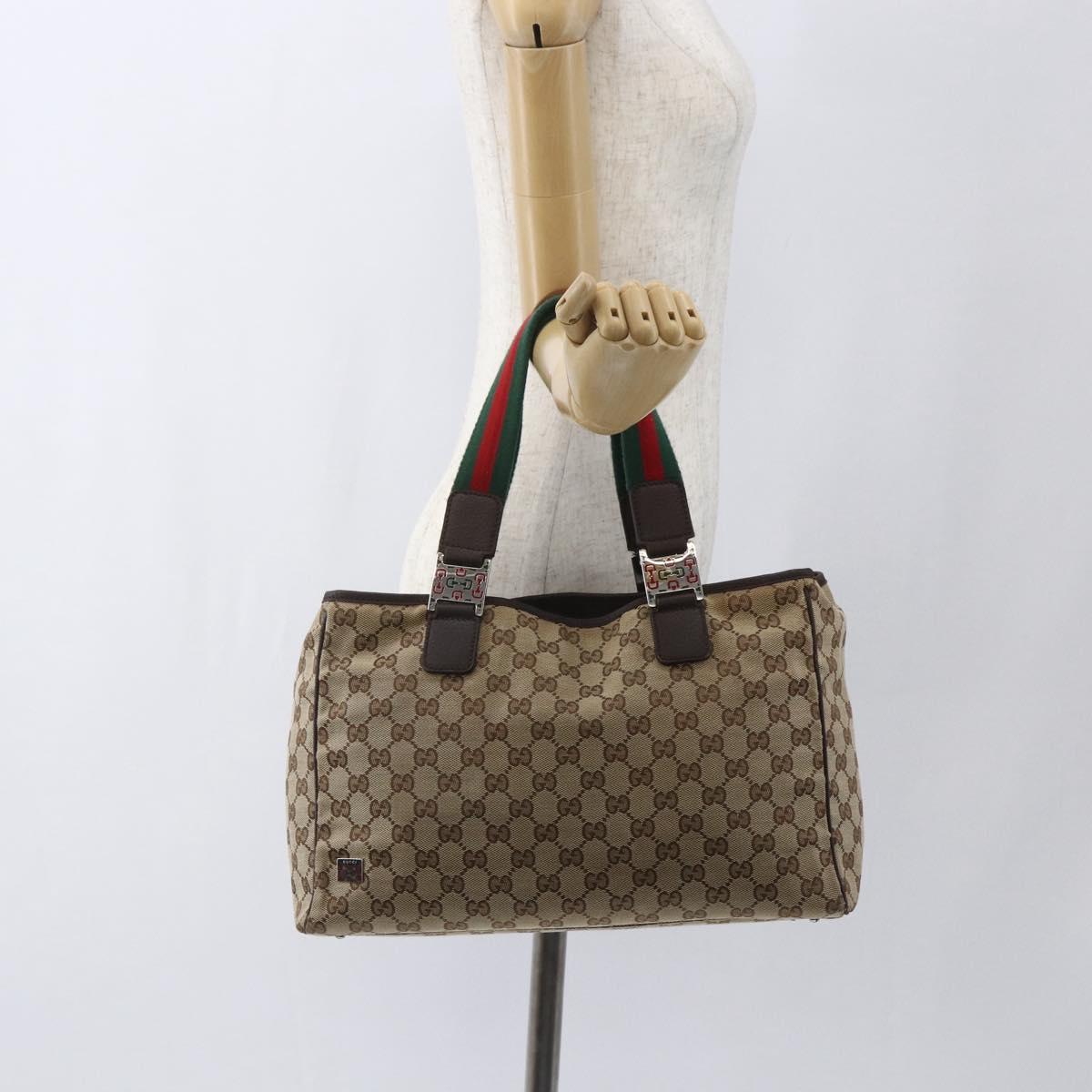 GUCCI GG Canvas Web Sherry Line Tote Bag Beige Silver 145758 Auth gh1731