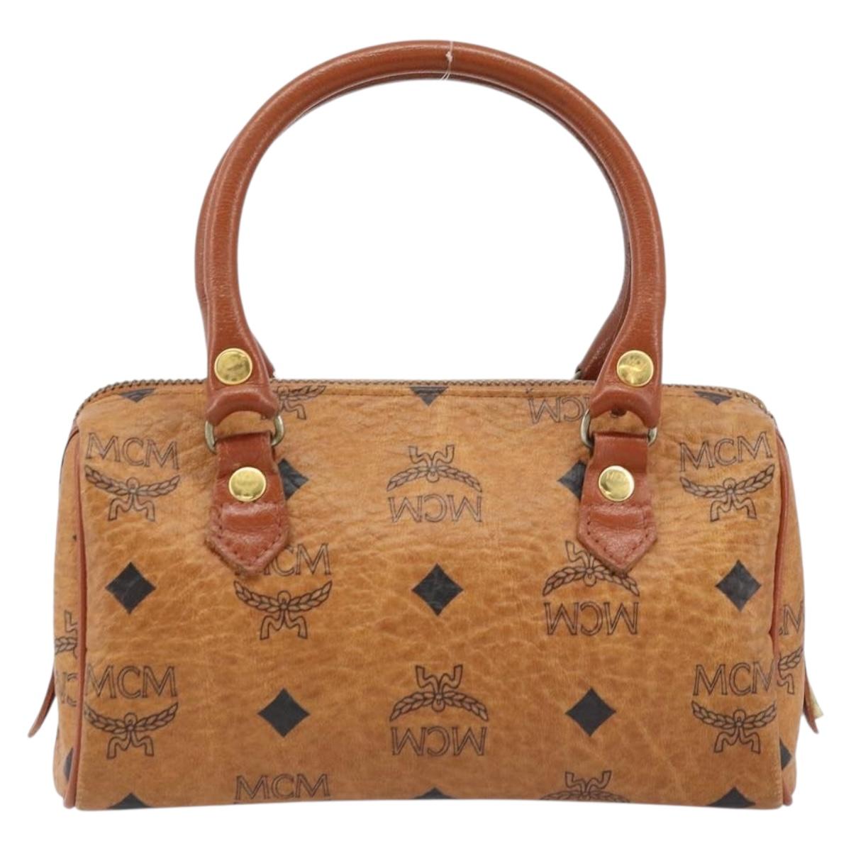 MCM Logogram Vicetos Mini Boston Bag PVC Brown Gold Auth gh1736