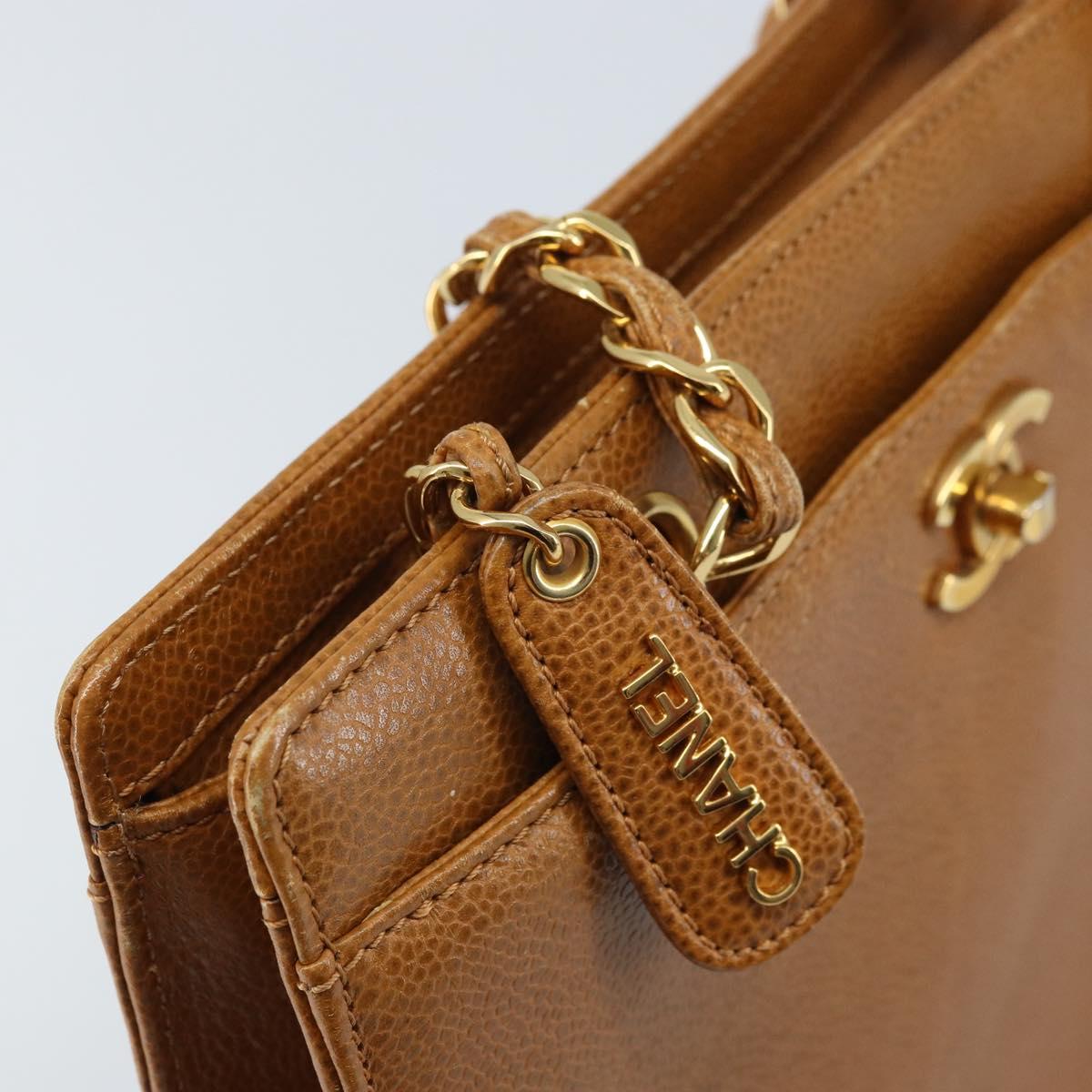 CHANEL Chain Tote Bag Caviar Skin Gold Brown CC Auth gh1738