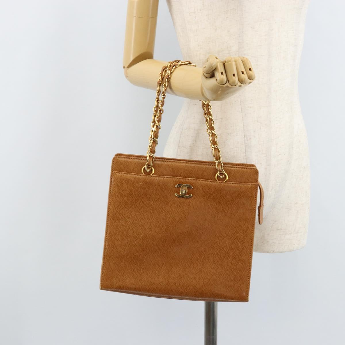 CHANEL Chain Tote Bag Caviar Skin Gold Brown CC Auth gh1738