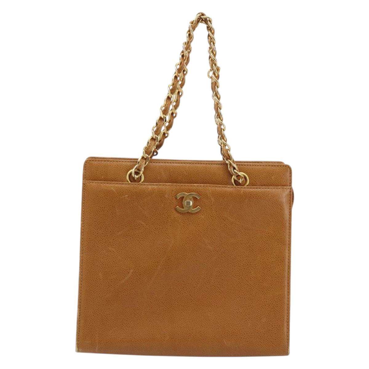 CHANEL Chain Tote Bag Caviar Skin Gold Brown CC Auth gh1738