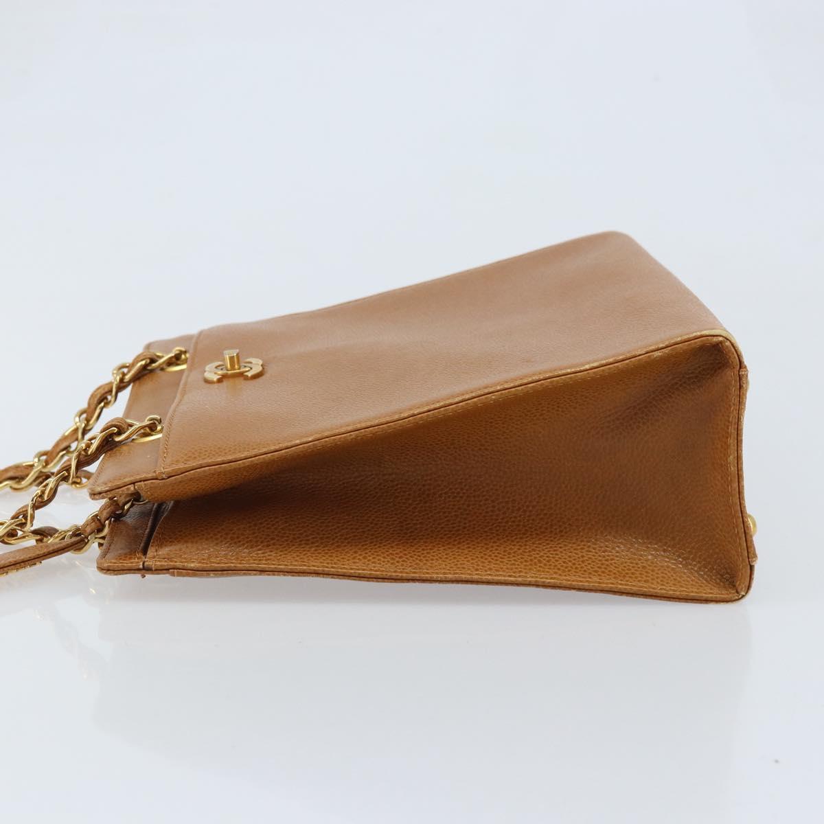 CHANEL Chain Tote Bag Caviar Skin Gold Brown CC Auth gh1738