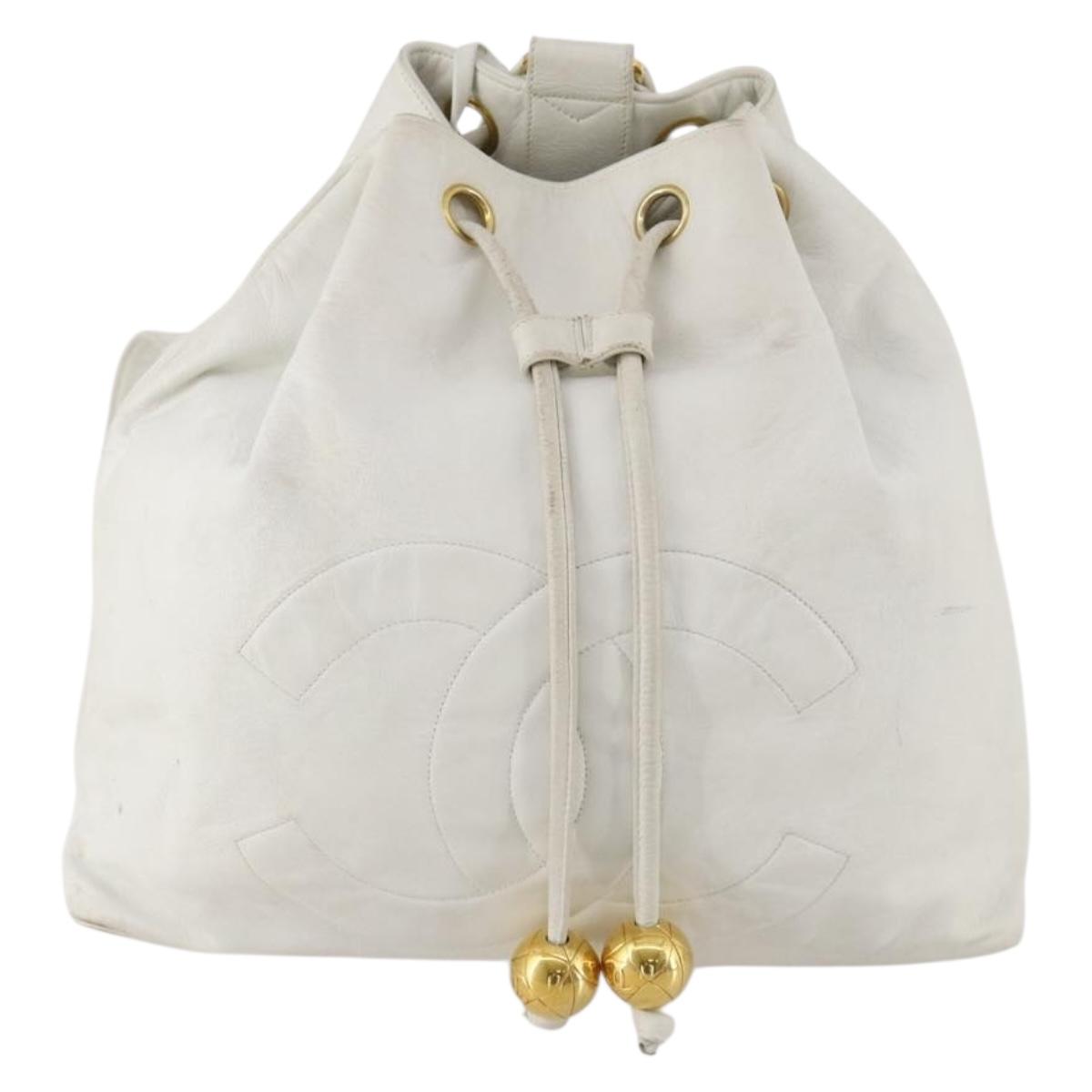 CHANEL Backpack Leather White Gold CC Auth gh1739