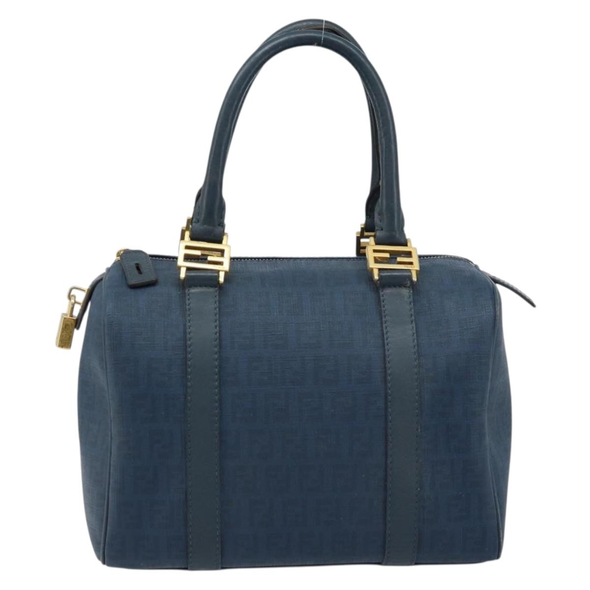 FENDI Zucchino Canvas Boston Bag Navy Gold Auth gh1746
