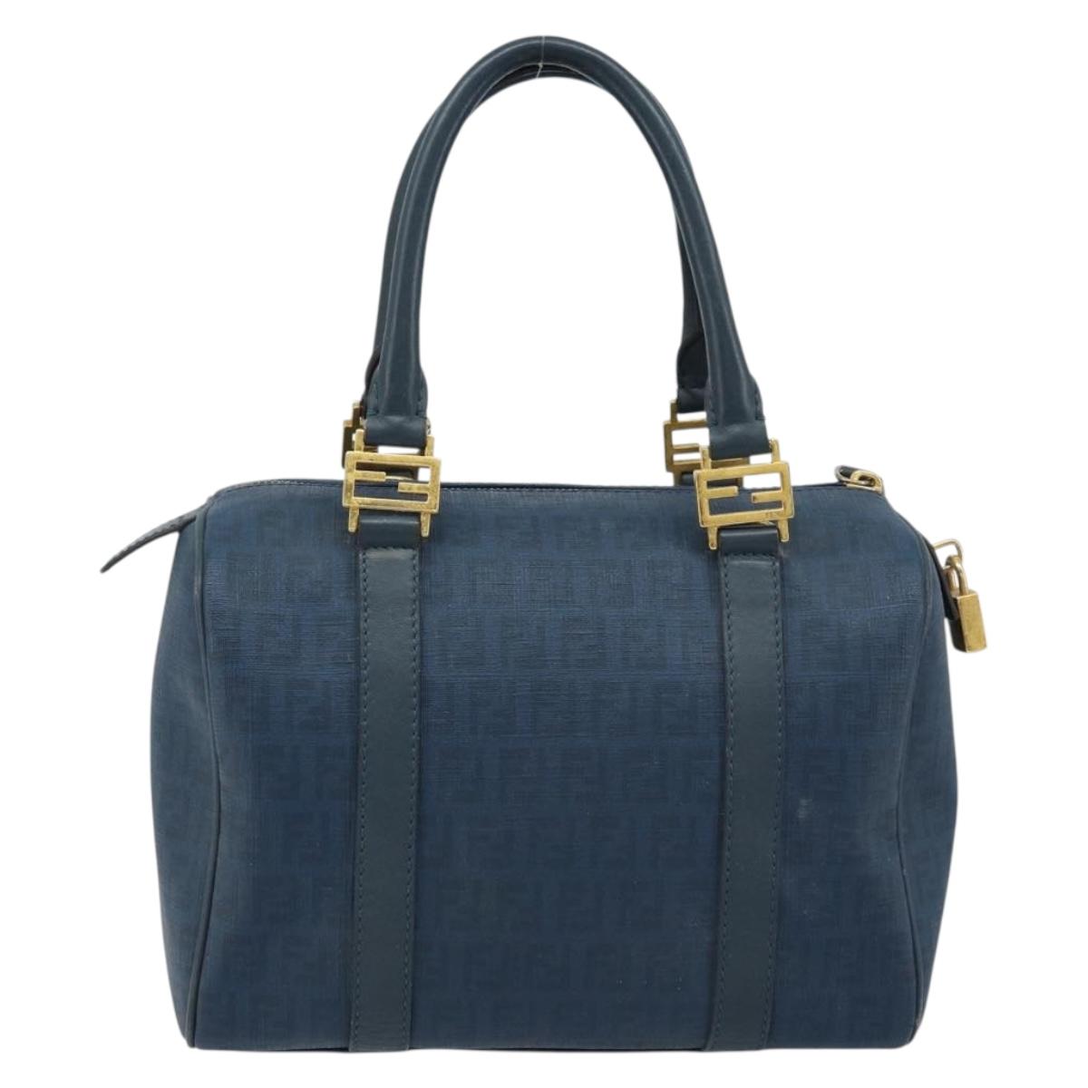 FENDI Zucchino Canvas Boston Bag Navy Gold Auth gh1746