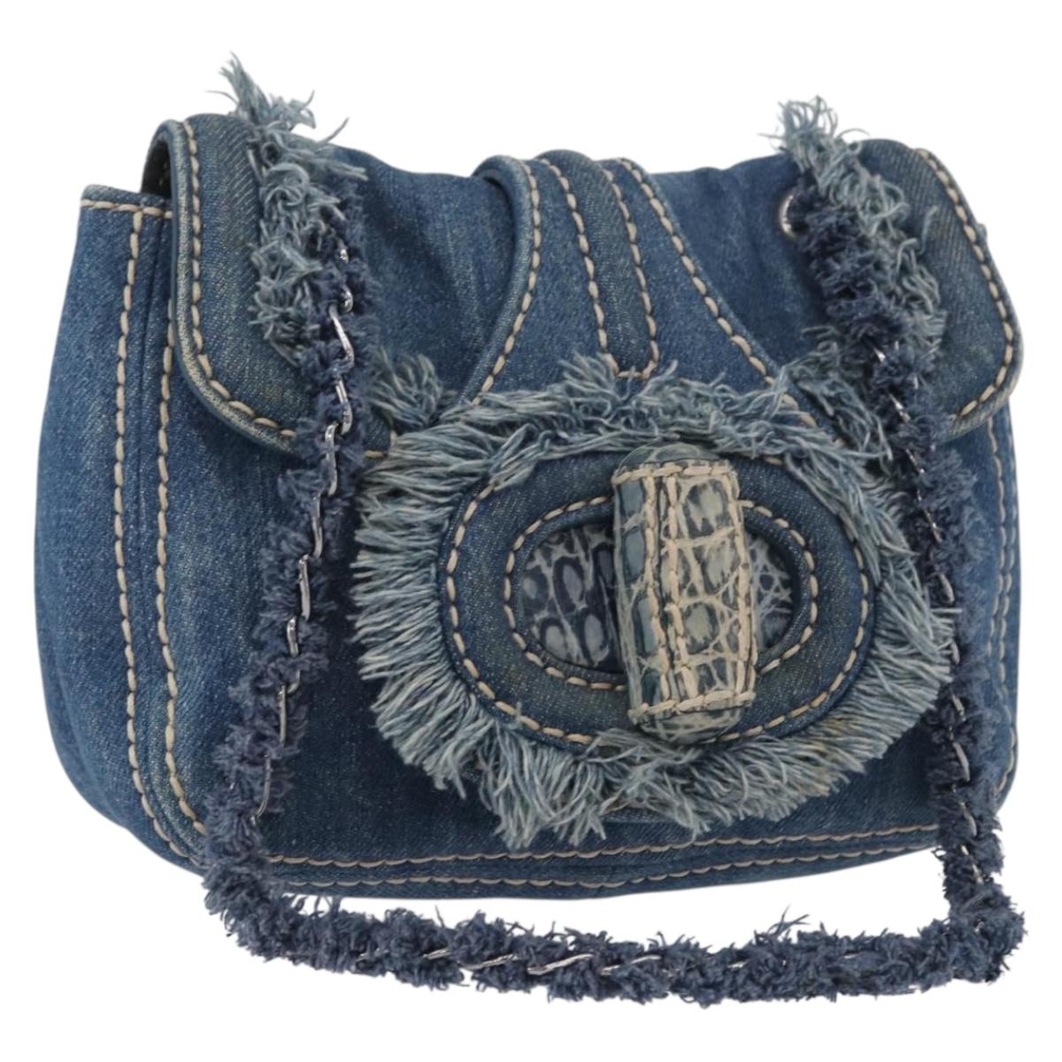 PRADA Chain Shoulder Bag Denim Blue Silver Auth gh1755V