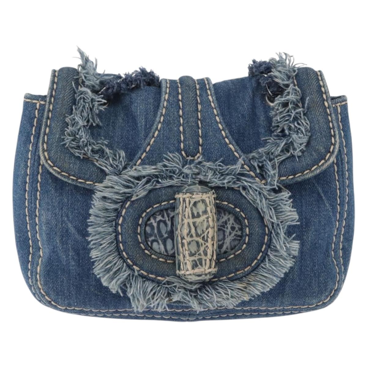 PRADA Chain Shoulder Bag Denim Blue Silver Auth gh1755V