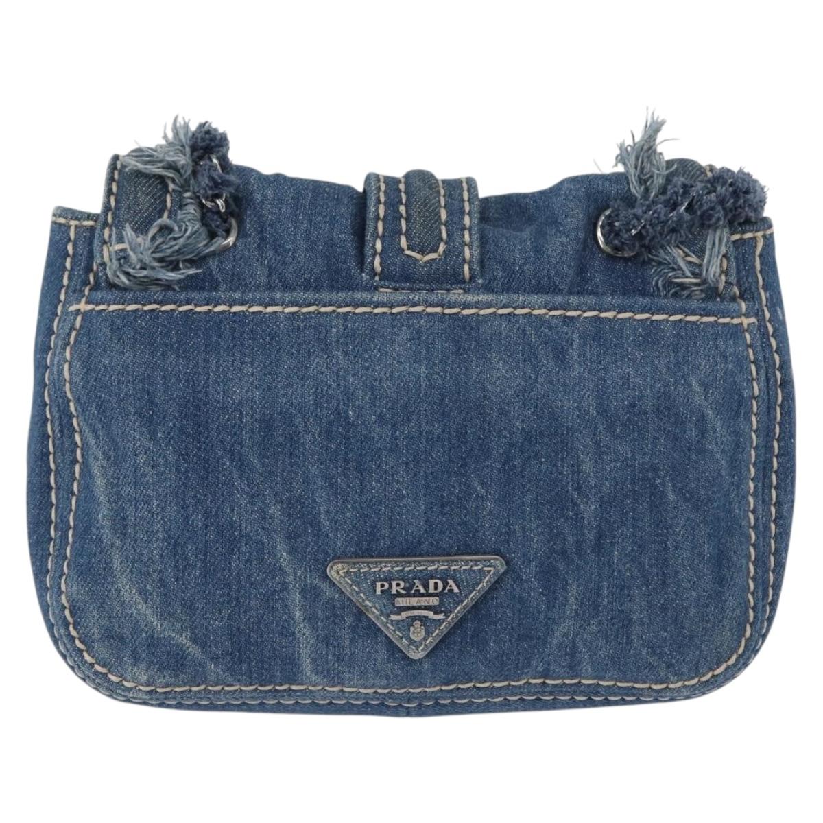 PRADA Chain Shoulder Bag Denim Blue Silver Auth gh1755V