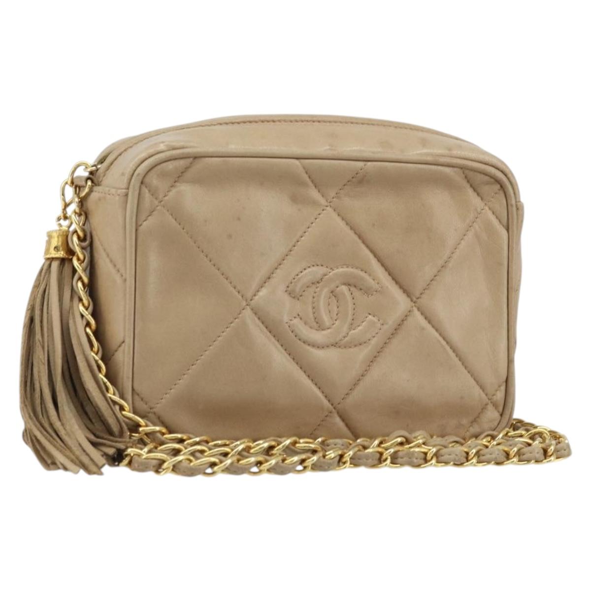 CHANEL Matelasse Chain Shoulder Bag Lamb Skin Beige Gold CC Auth gh1759