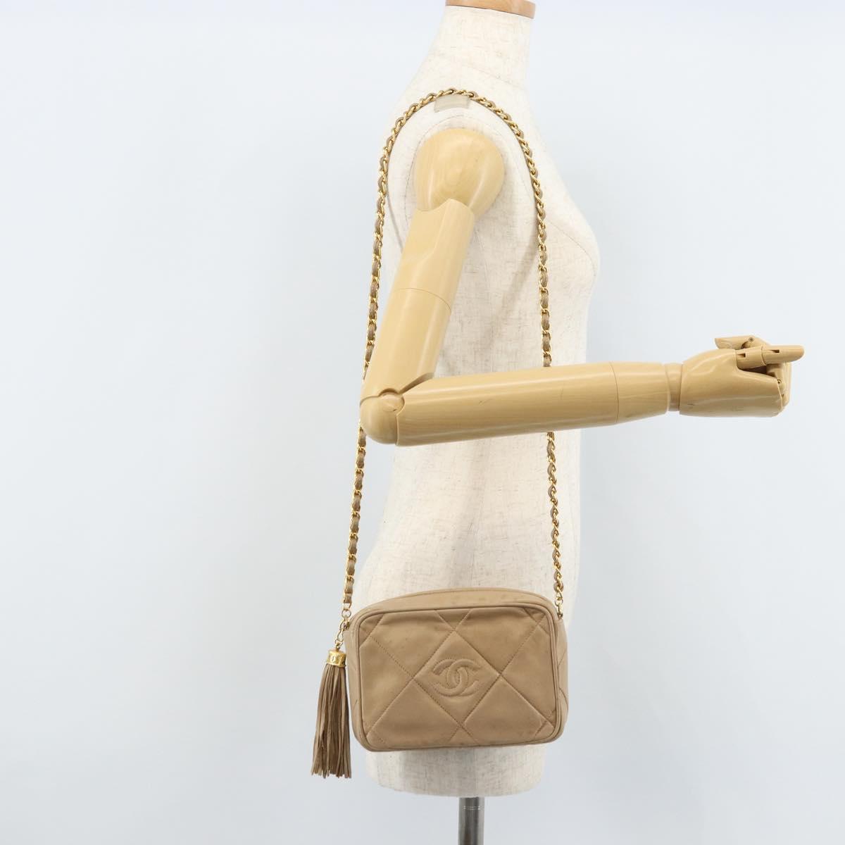 CHANEL Matelasse Chain Shoulder Bag Lamb Skin Beige Gold CC Auth gh1759