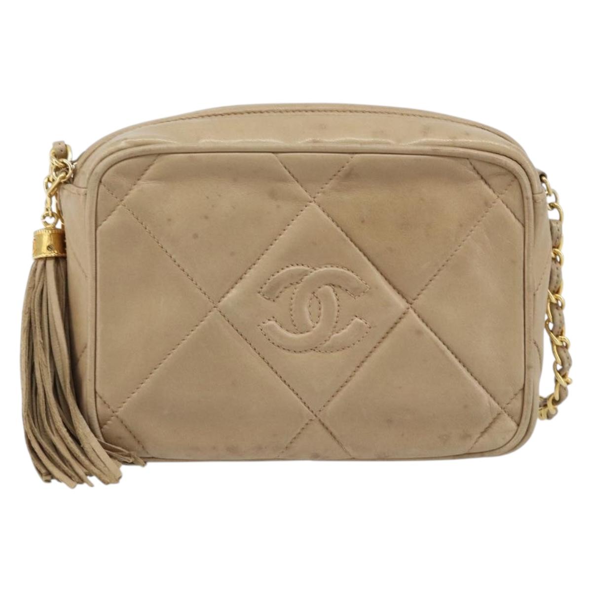 CHANEL Matelasse Chain Shoulder Bag Lamb Skin Beige Gold CC Auth gh1759