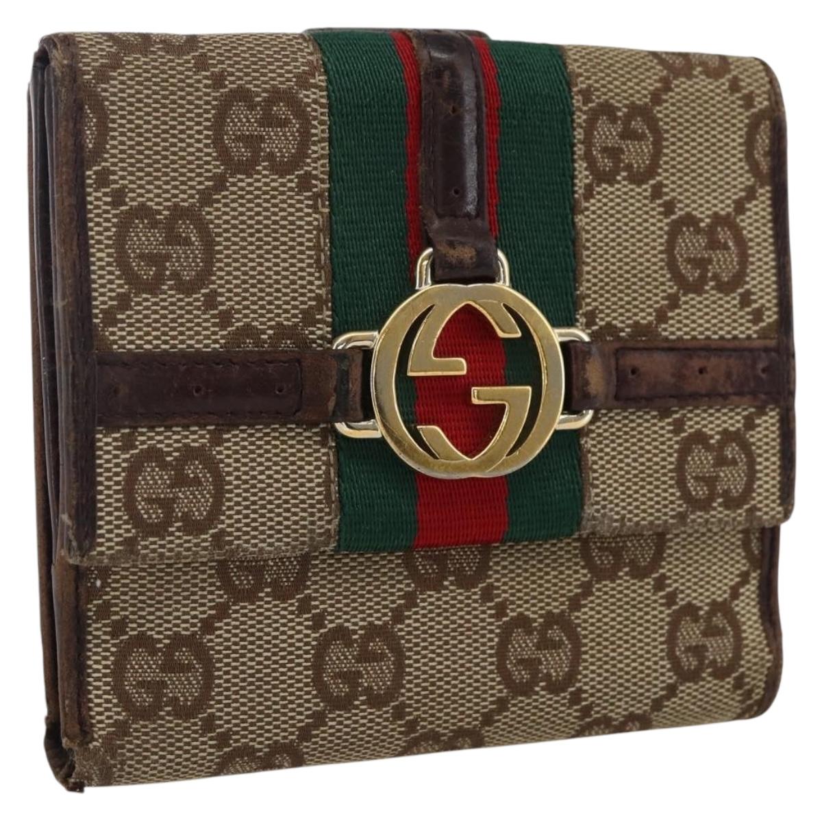 GUCCI GG Canvas Web Sherry Line Compact Wallet Beige Gold 115080 Auth gh1766