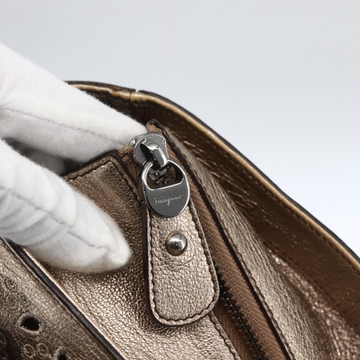 Salvatore Ferragamo Gancini Hand Bag Leather Champagne Gold Silver Auth gh1771