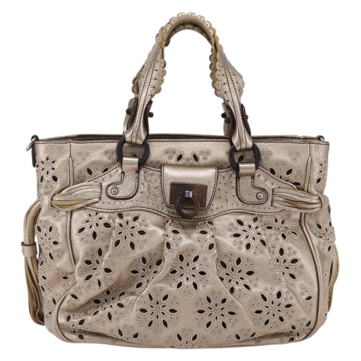 Salvatore Ferragamo Gancini Hand Bag Leather Champagne Gold Silver Auth gh1771