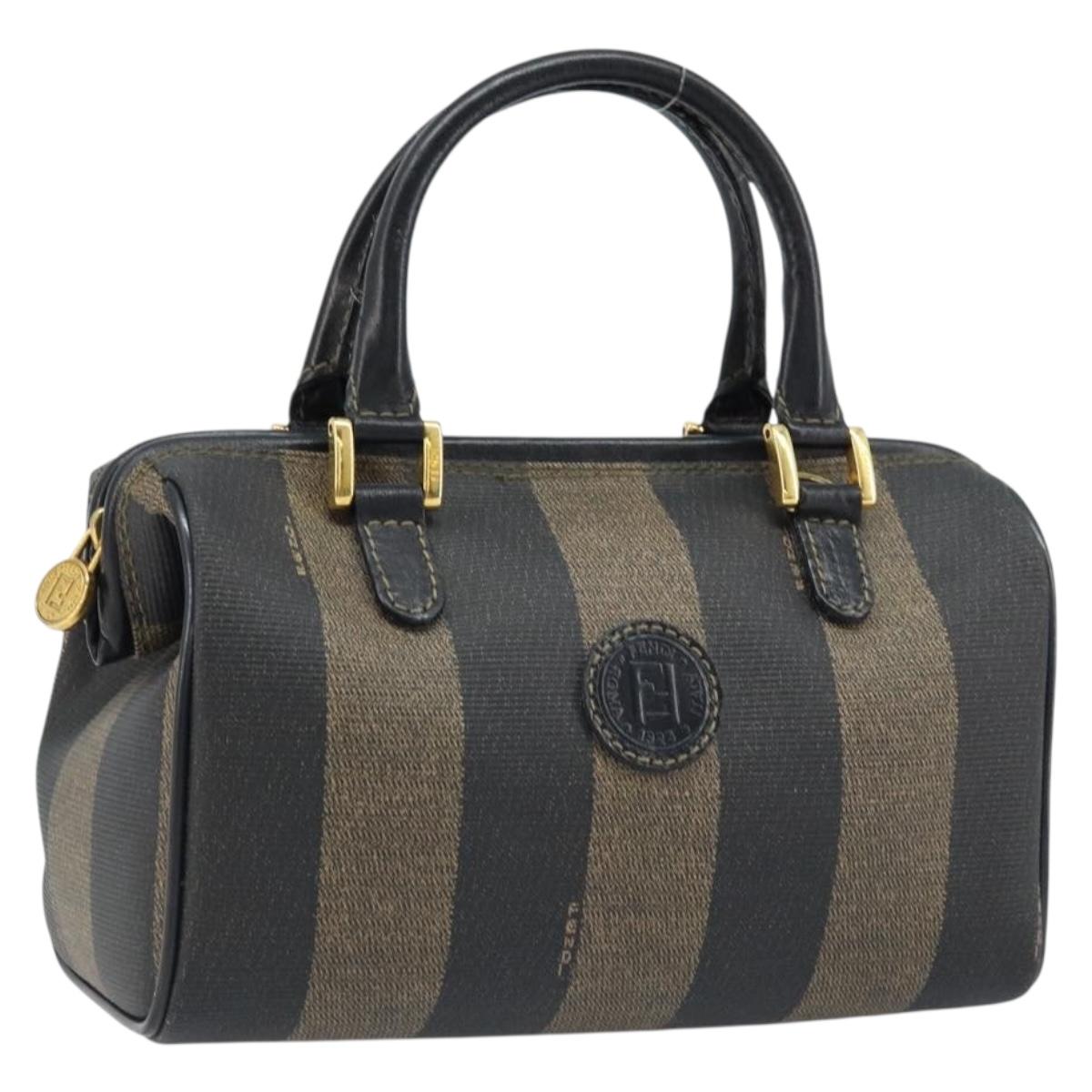 FENDI Pecan Canvas Mini Boston Bag PVC Black Brown gold Auth gh1773