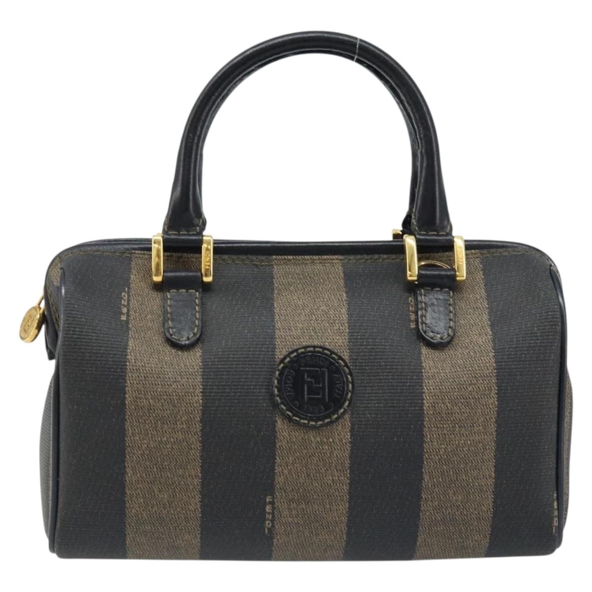 FENDI Pecan Canvas Mini Boston Bag PVC Black Brown gold Auth gh1773