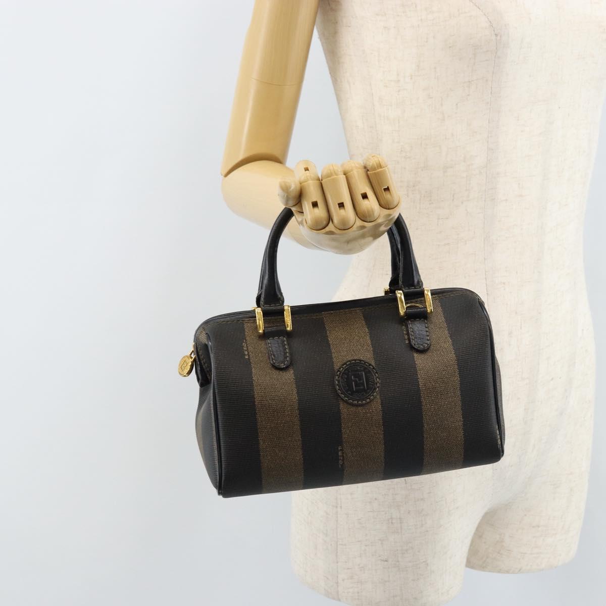 FENDI Pecan Canvas Mini Boston Bag PVC Black Brown gold Auth gh1773