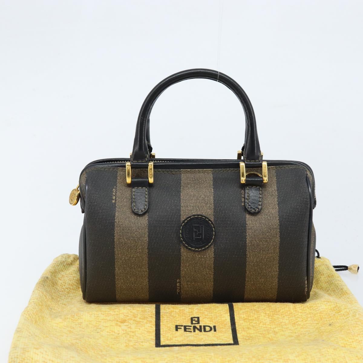 FENDI Pecan Canvas Mini Boston Bag PVC Black Brown gold Auth gh1773