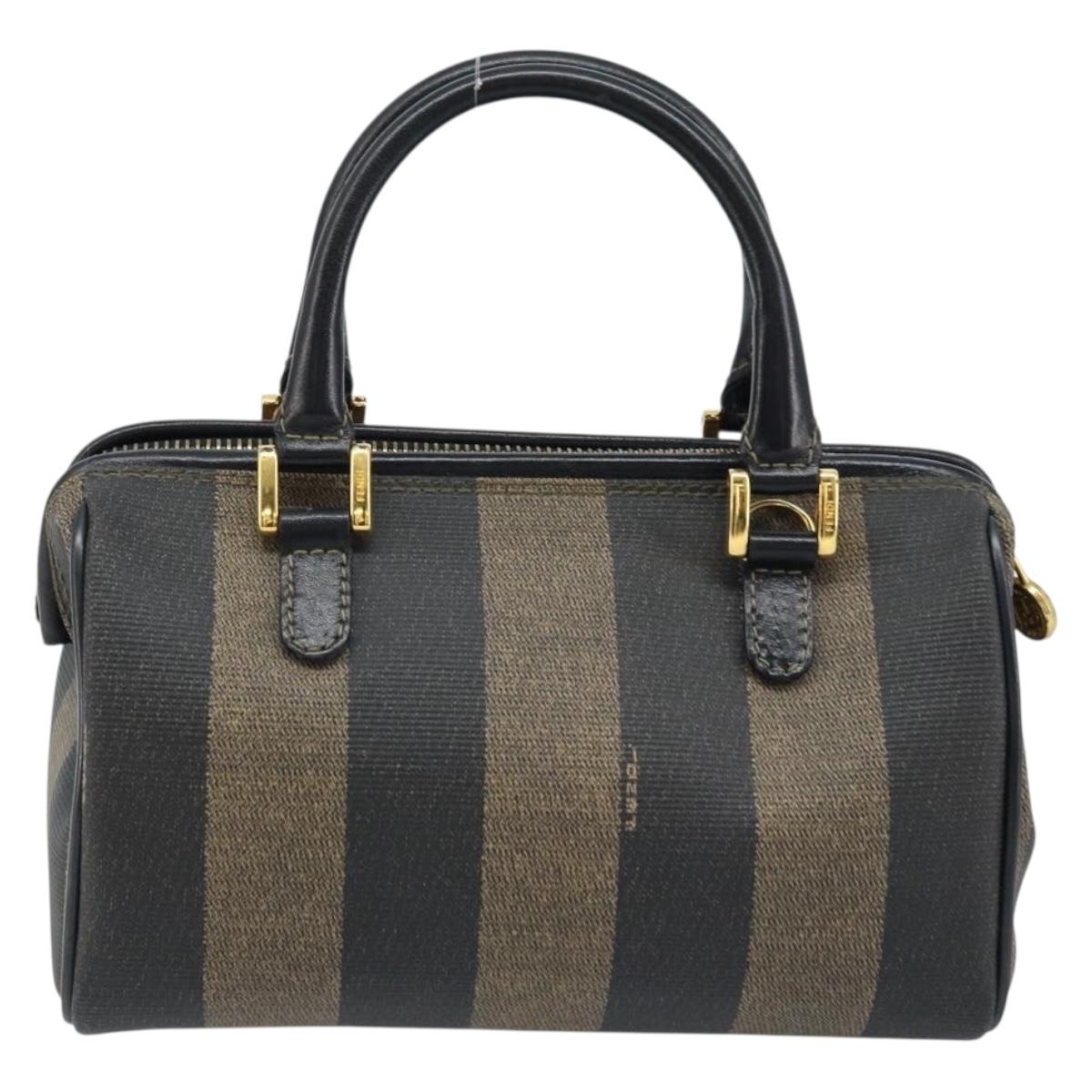 FENDI Pecan Canvas Mini Boston Bag PVC Black Brown gold Auth gh1773