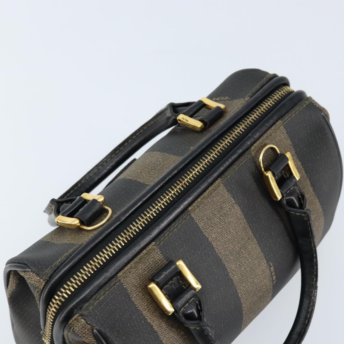 FENDI Pecan Canvas Mini Boston Bag PVC Black Brown gold Auth gh1773