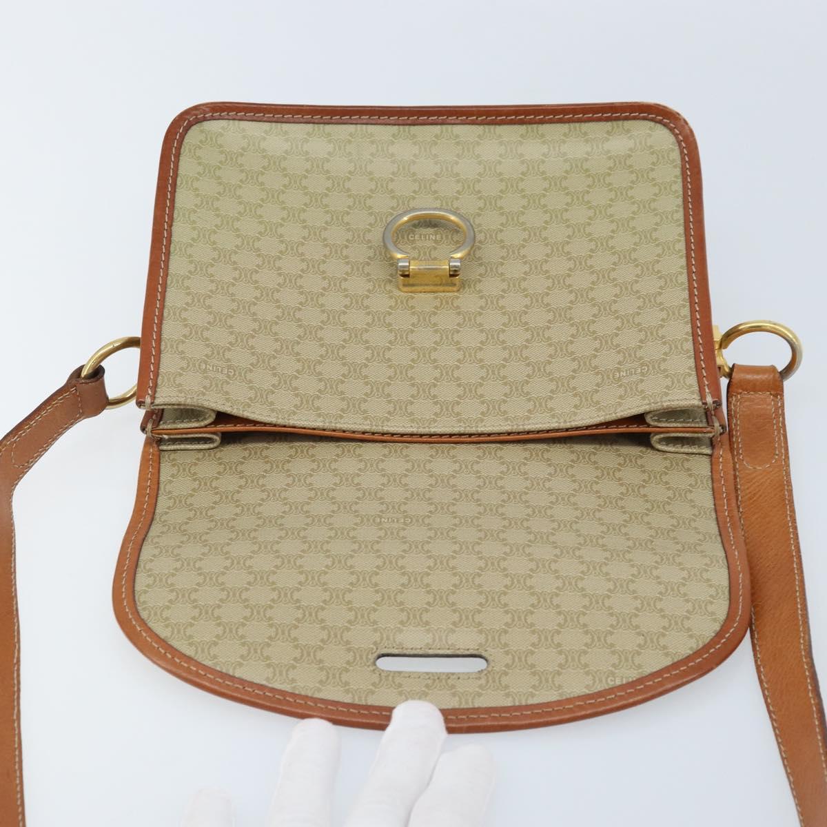 CELINE Macadam Canvas Shoulder Bag PVC Leather Beige Gold Auth gh1779