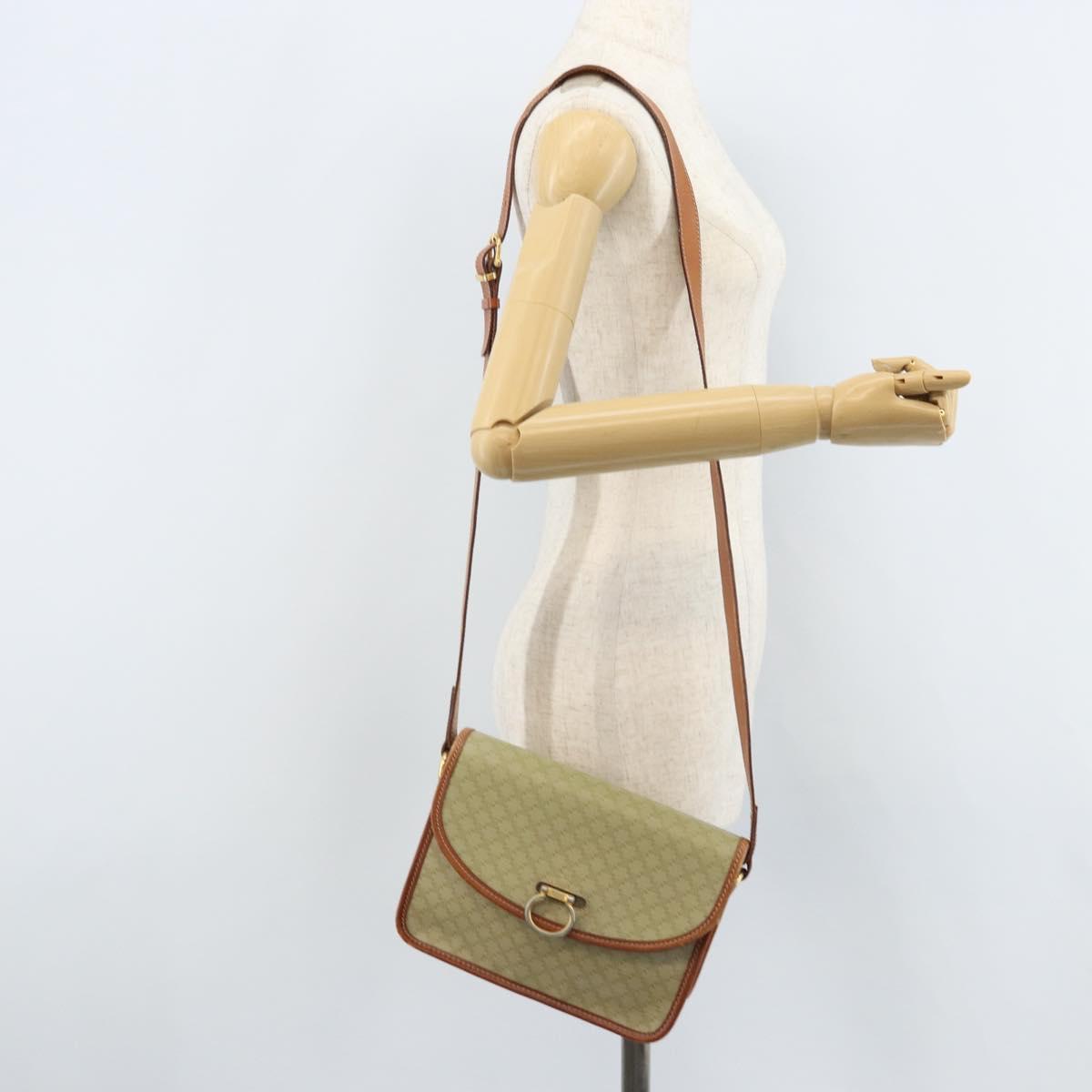CELINE Macadam Canvas Shoulder Bag PVC Leather Beige Gold Auth gh1779