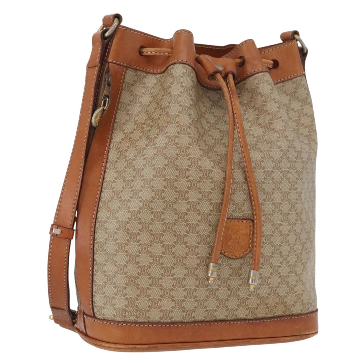 CELINE Macadam Canvas Shoulder Bag PVC Leather Beige Gold Auth gh1784