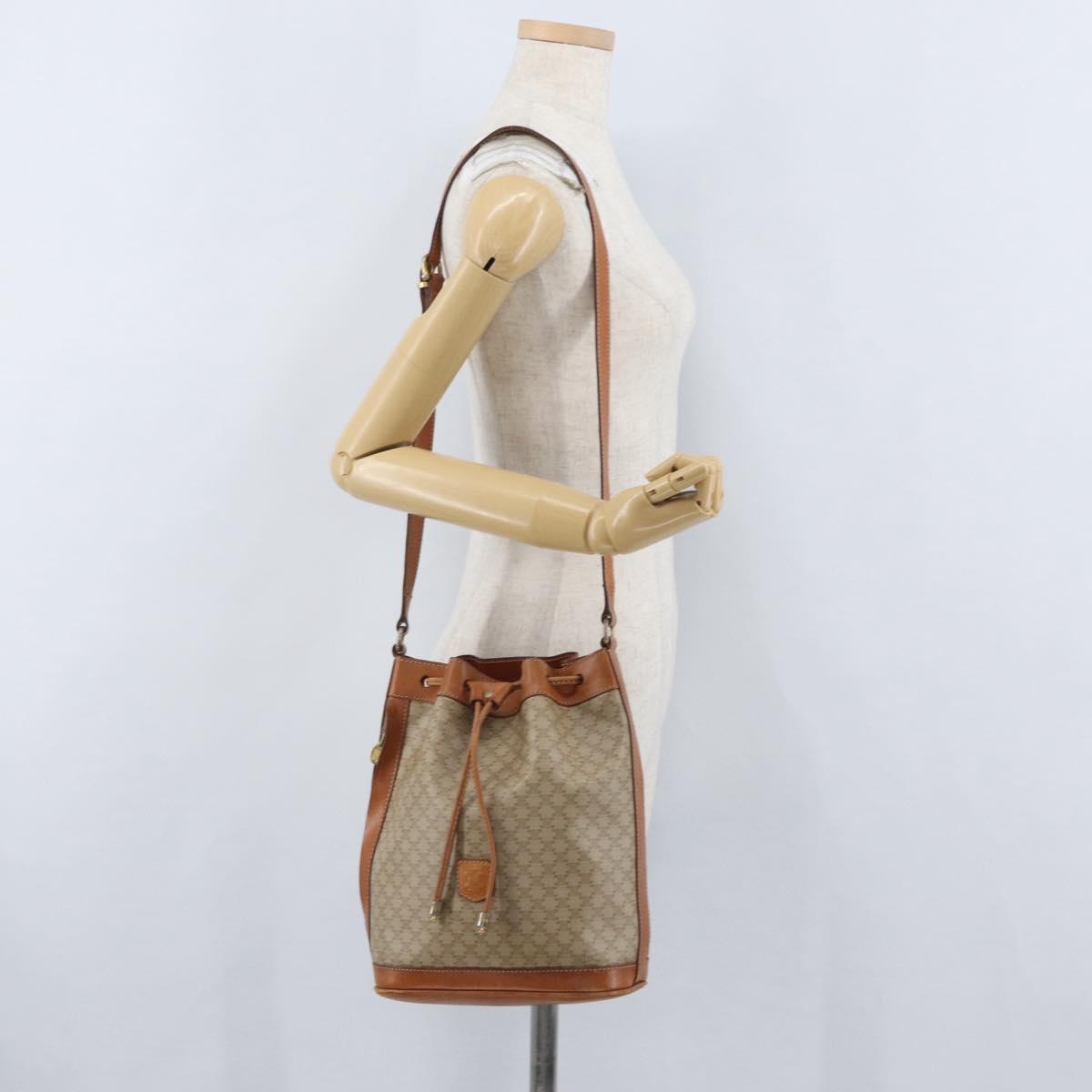 CELINE Macadam Canvas Shoulder Bag PVC Leather Beige Gold Auth gh1784