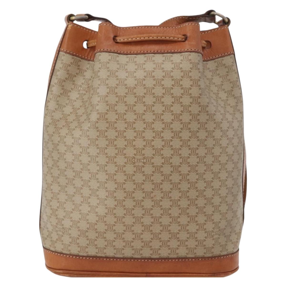 CELINE Macadam Canvas Shoulder Bag PVC Leather Beige Gold Auth gh1784