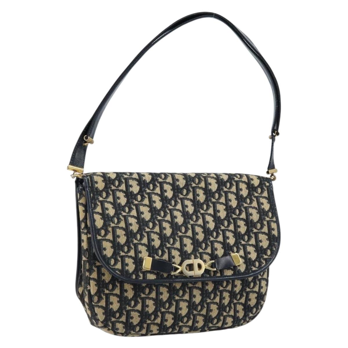Christian Dior Trotter Canvas Shoulder Bag Navy Gold Auth gh1790