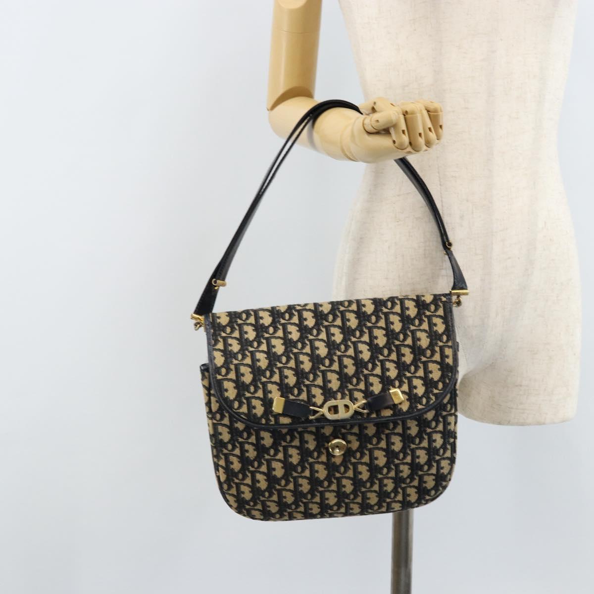 Christian Dior Trotter Canvas Shoulder Bag Navy Gold Auth gh1790