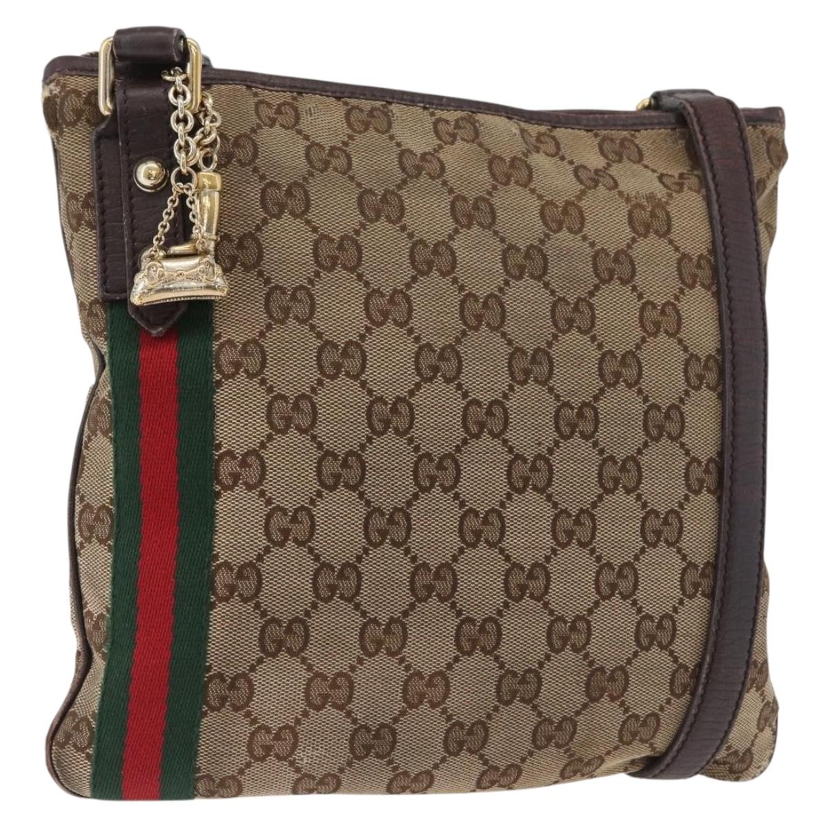 GUCCI GG Canvas Web Sherry Line Shoulder Bag Beige Gold Red 144388 Auth gh1840