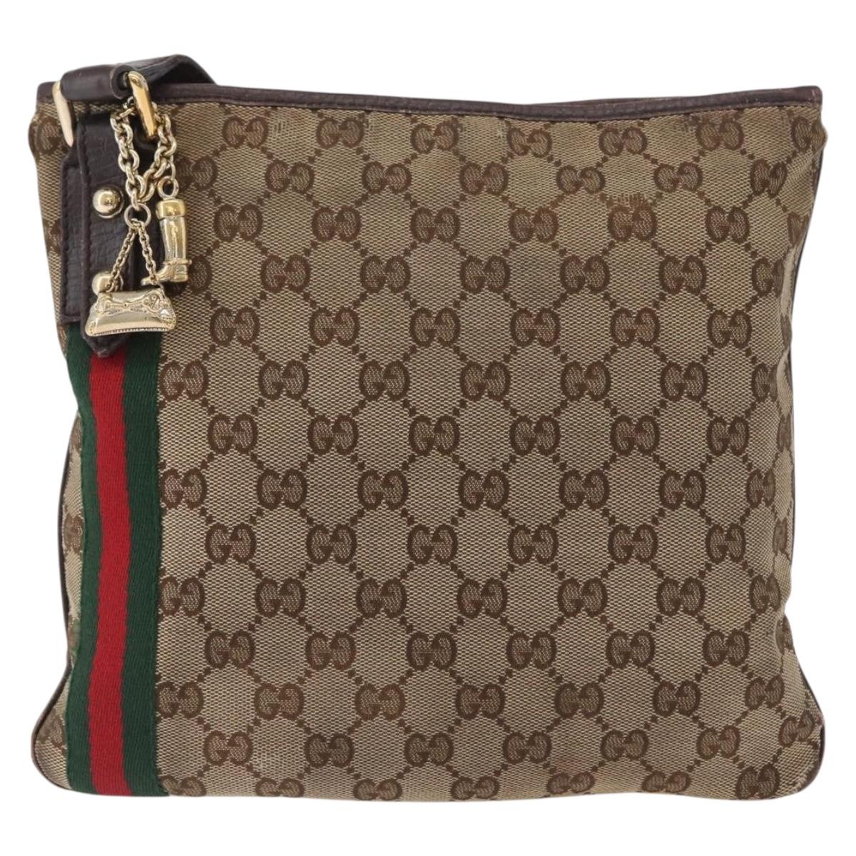 GUCCI GG Canvas Web Sherry Line Shoulder Bag Beige Gold Red 144388 Auth gh1840