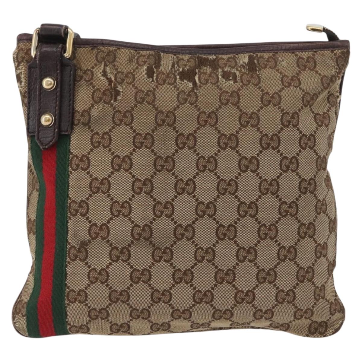 GUCCI GG Canvas Web Sherry Line Shoulder Bag Beige Gold Red 144388 Auth gh1840