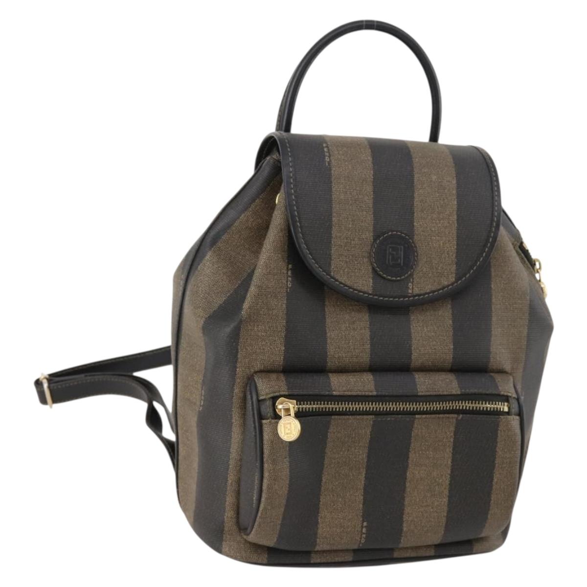 FENDI Pecan Canvas Backpack PVC Brown Black gold Auth gh1856