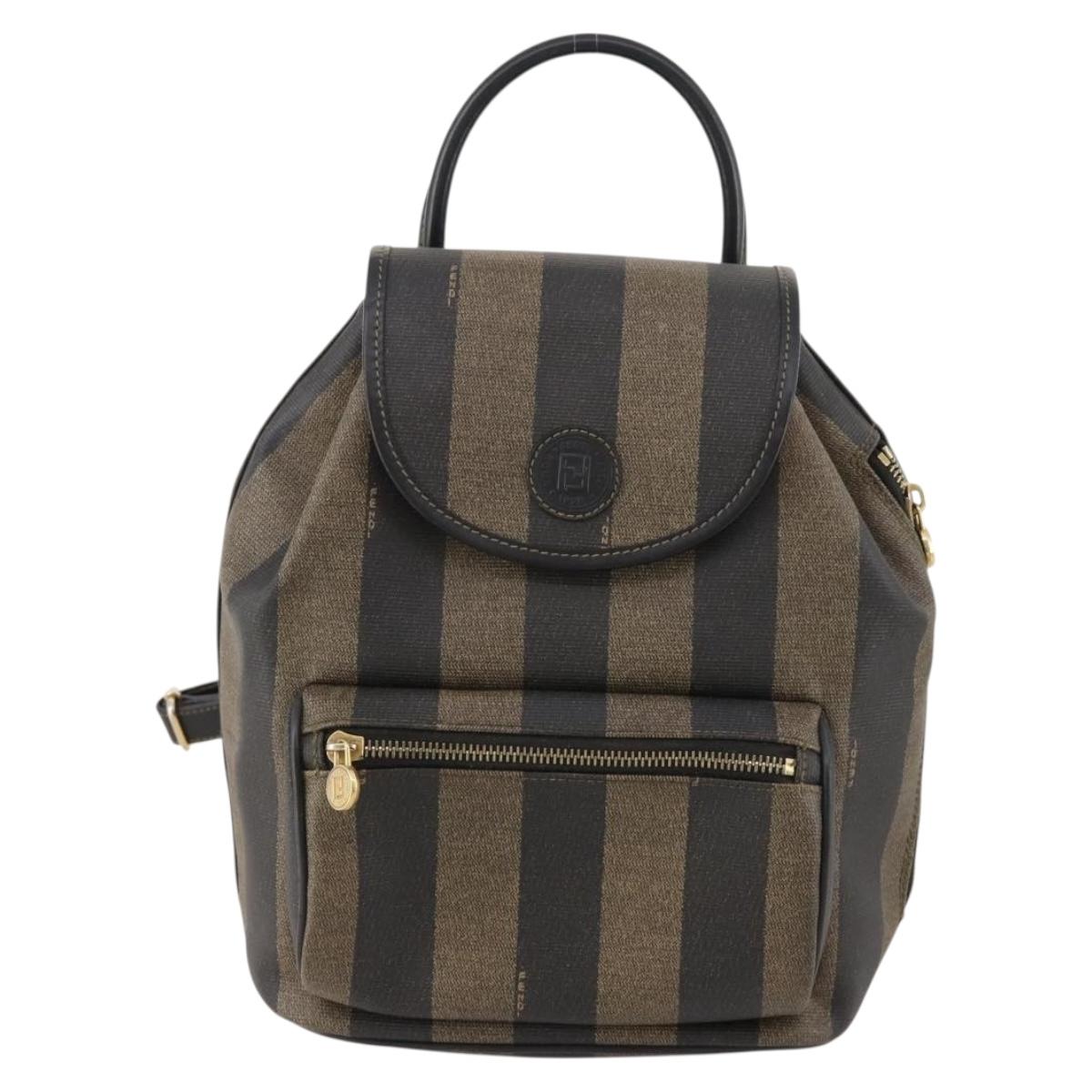 FENDI Pecan Canvas Backpack PVC Brown Black gold Auth gh1856