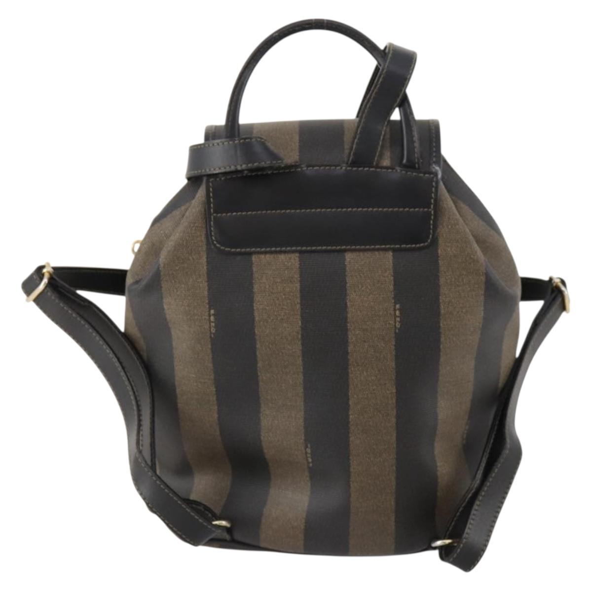 FENDI Pecan Canvas Backpack PVC Brown Black gold Auth gh1856